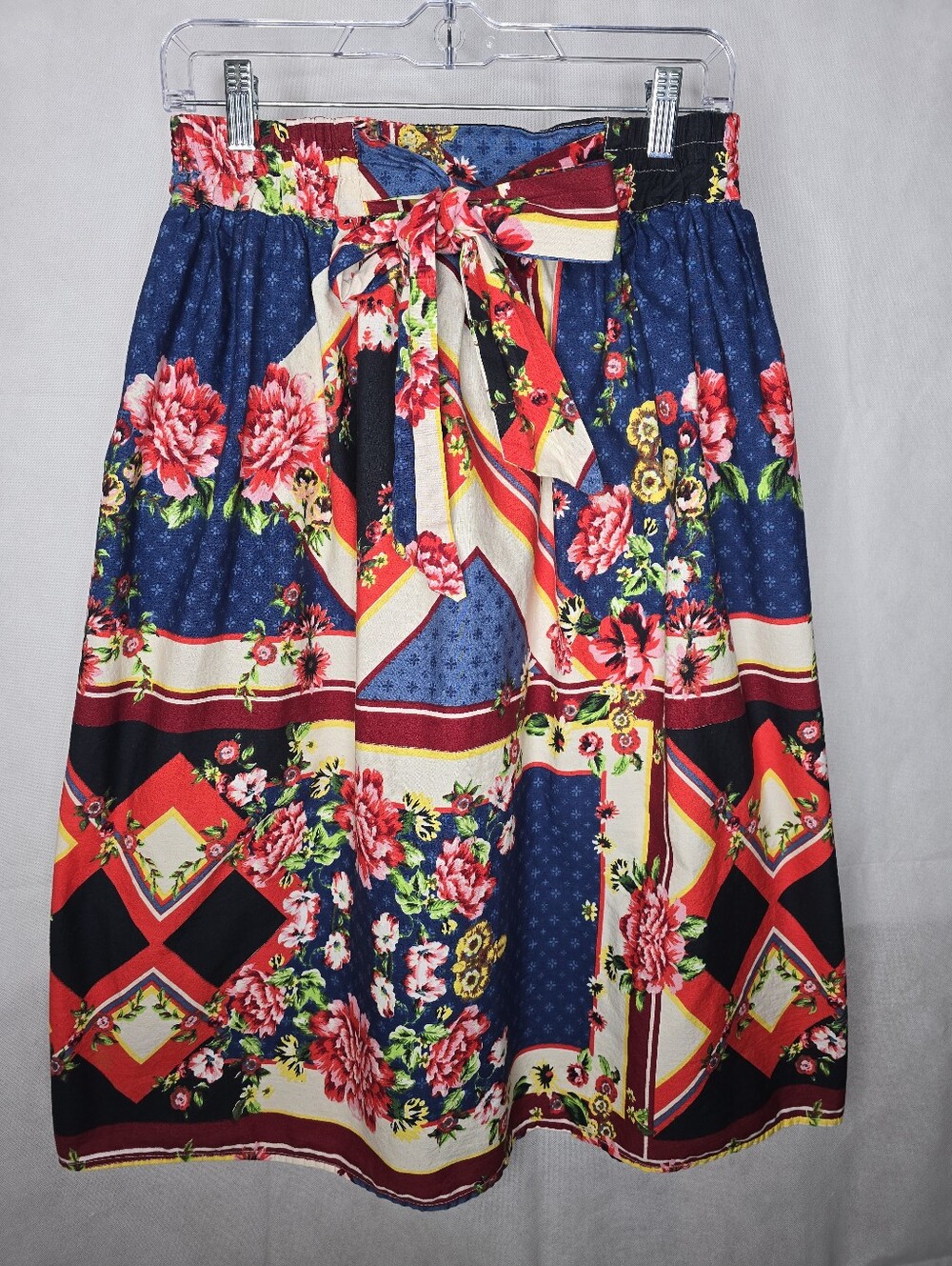 Truly 4 You Floral Mid Skirt Red Blue Cottagecore Patchwork Tie Waist Cotton M